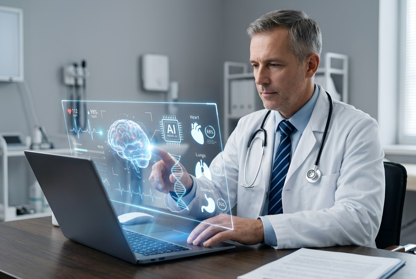 Arzt am Laptop mit eingeblendeter digitaler Auswertung von Patientendaten