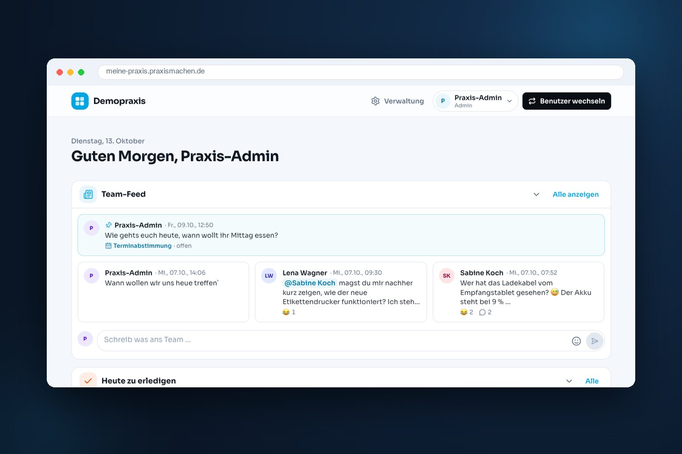 Die Oberfläche Meine Praxis im Browser: Team-Feed, Aufgaben des Tages und die App-Kacheln der Praxis