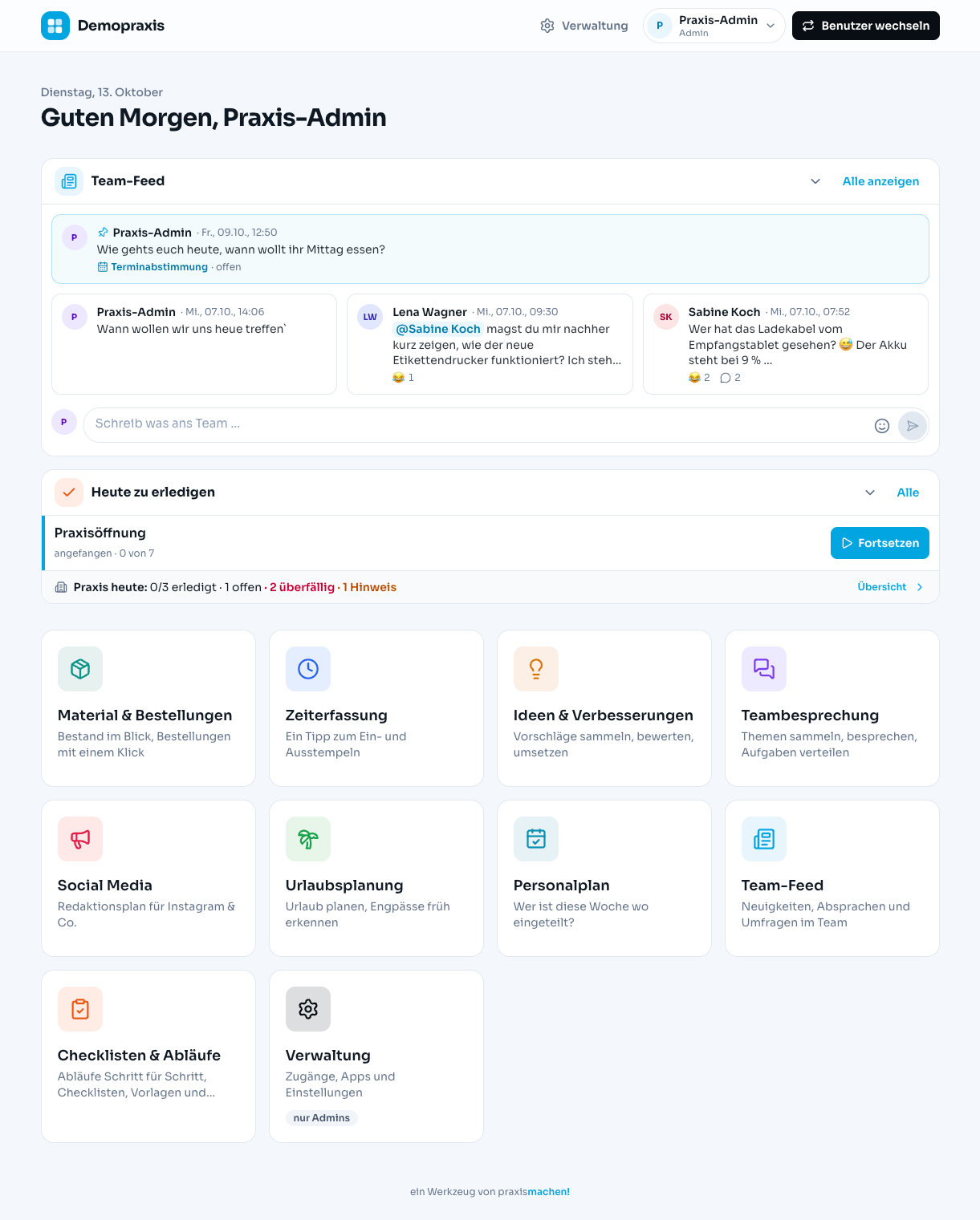 Startseite der Oberfläche Meine Praxis mit Team-Feed, Aufgaben für heute und Kacheln für die Apps
