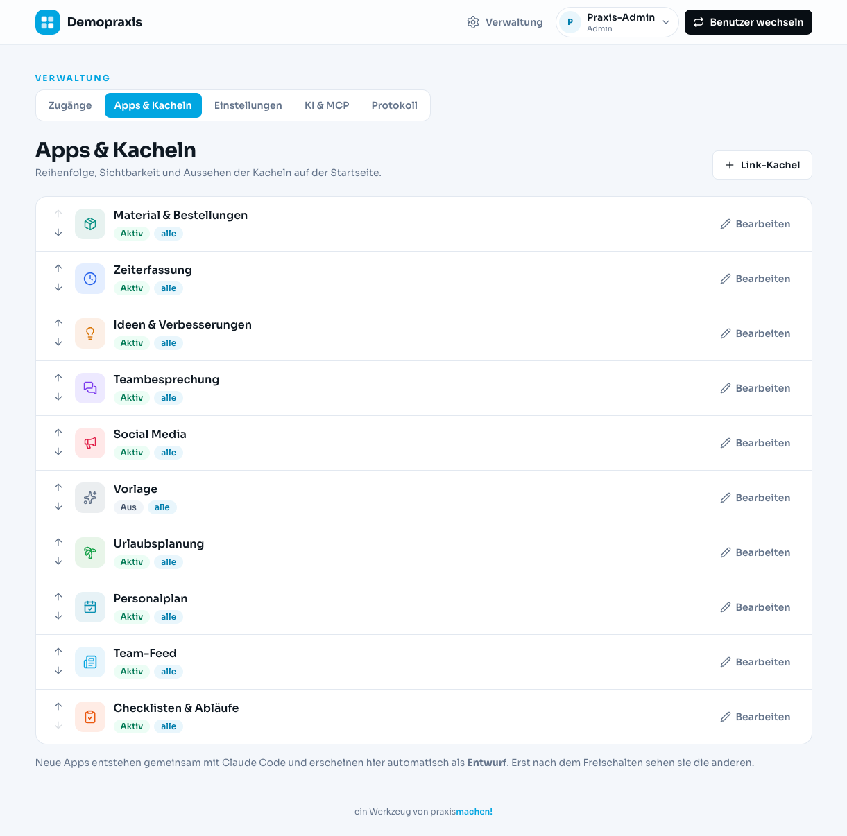 Kachel-Übersicht der Praxisoberfläche mit allen Apps der Praxis