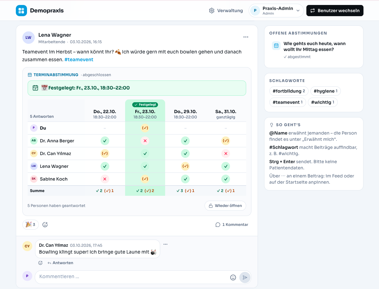 Team-Feed mit Beitrag zum Teamevent und Terminabstimmung: Teammitglieder stimmen über vier Termine ab, ein Termin ist festgelegt