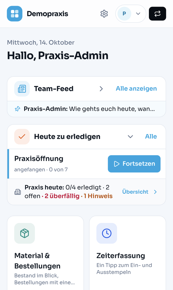 Die Praxisoberfläche auf dem Smartphone mit App-Kacheln