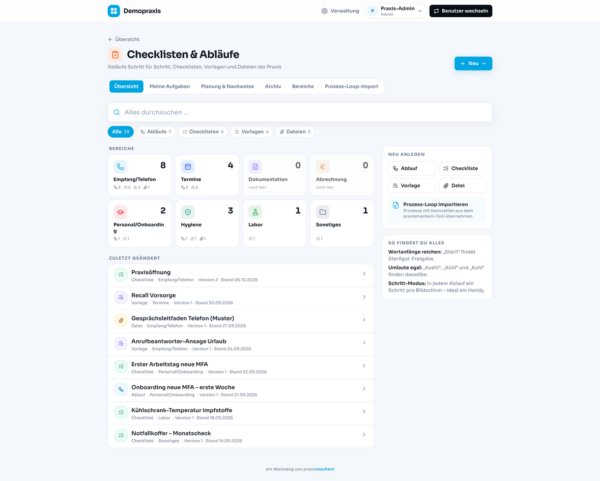 App Checklisten und Abläufe mit Suchfeld, Filtern für Abläufe, Checklisten, Vorlagen und Dateien sowie Bereichen wie Empfang, Termine, Hygiene und Labor