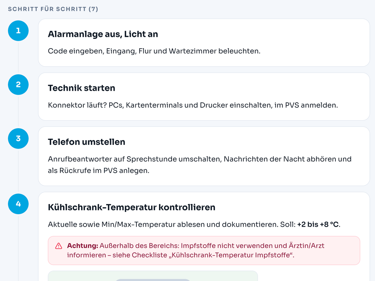 Ablauf Praxisöffnung am Morgen Schritt für Schritt, mit Warnhinweis und Bild zur Kühlschrank-Temperatur