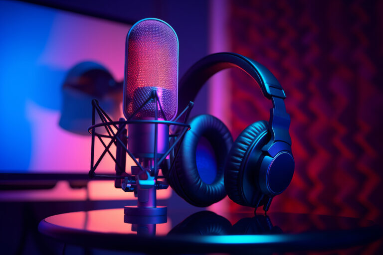 A close-up of a microphone and headphones for podcasting or ASMR sounds on black stand in a neon led lighting, cyan and magenta, in a sound recording studio